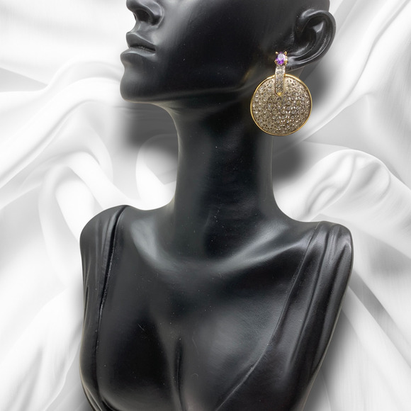 NEW Nadri Gold-Tone CZ Pavé Disc Drop Earrings Purple Statement Doorknocker - Picture 4 of 6